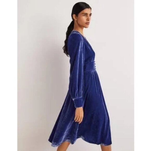 💕BODEN💕 Velvet Midi Party Tea Dress ~ Sea Blue US 8 NWT - Picture 4 of 16